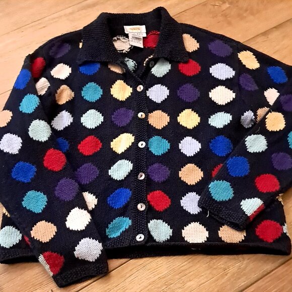 Talbots PETITES cardigan Sweater Sz PL Large Hand Knit Navy blue Polka dot multi - Picture 1 of 9